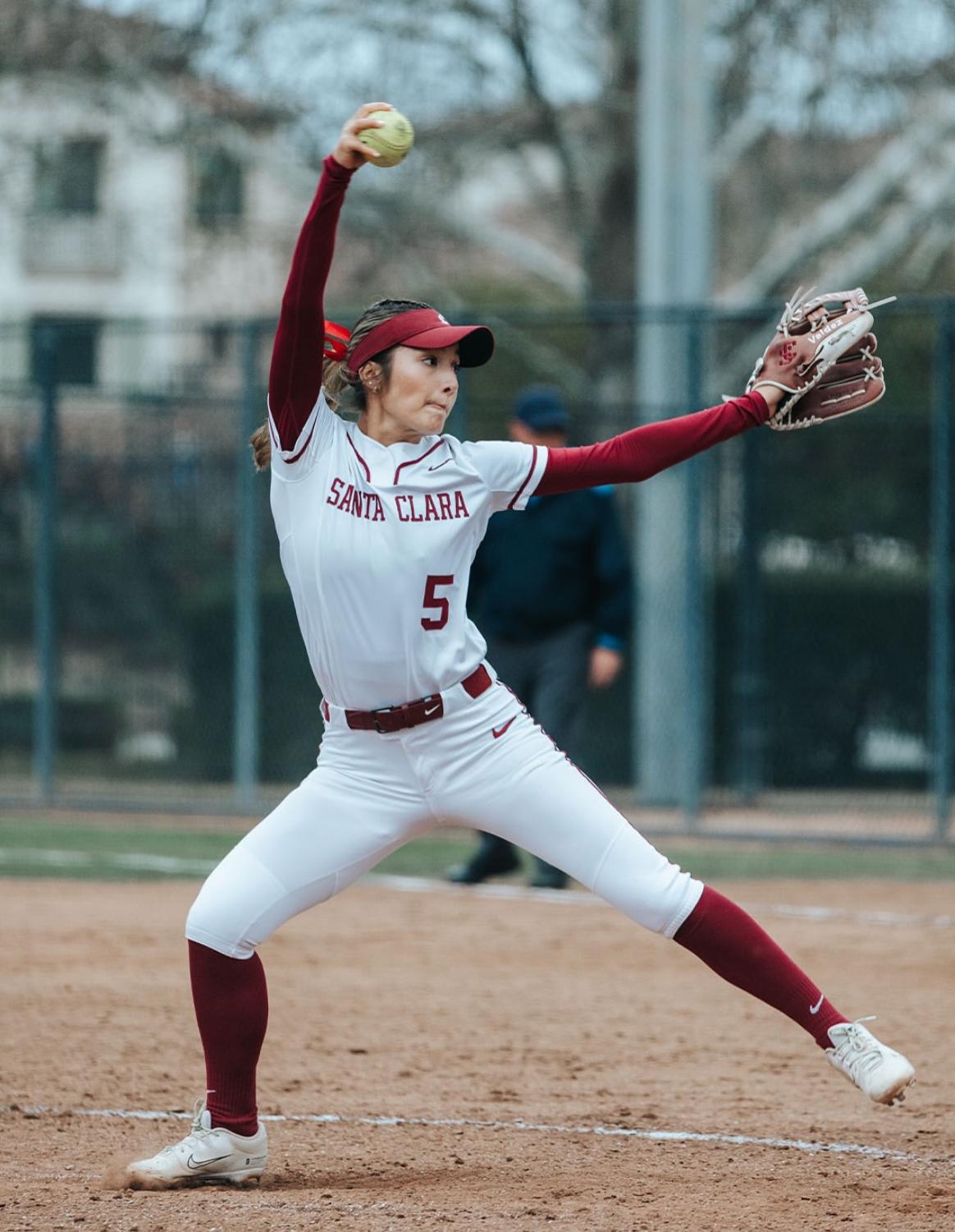 Santa Clara pitcher in dynamic pitching motion on the mound